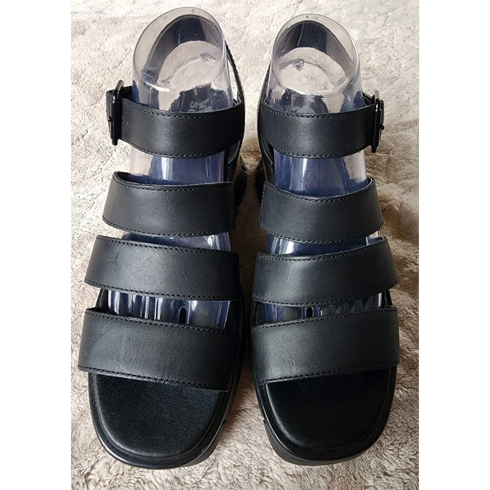 Sorel Joanie III Black Ankle Strap Leather Wedge Sandals Womens 8.5 1986121010